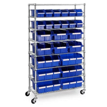 Rolling storage rack with wheels, blue plastic bin organizer on chrome frame