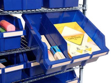 Rolling storage rack with wheels, blue bins with card stock and small tubes
