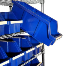 Rolling storage rack with wheels, blue plastic bins and wide angled unloading chute