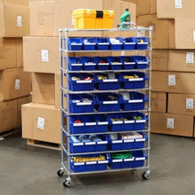 Rolling storage rack with wheels, blue bins on metal frame near warehouse boxes