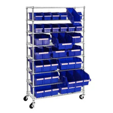Rolling storage rack with wheels, blue bin organizer with open angled bin