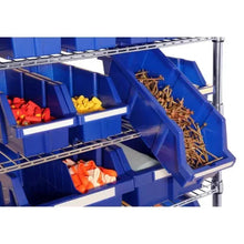 Rolling storage rack with wheels, blue bins holding assorted colored items