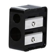 Dual pencil sharpener showing two pencil openings and two silver blades