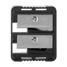 Dual pencil sharpener with two sharpening blades in black housing