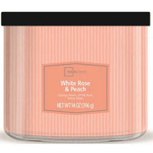 Textured wrap candle jar with peach-pink stripes and White Rose & Peach label, 3-wick