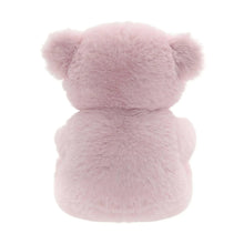 Pink teddy bear plush from behind, fuzzy body and rounded ears