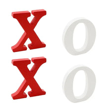 Wooden XO tabletop sign pieces with red X and white O letter blocks