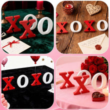 Wooden XO tabletop sign letters in red X and white O shown on different surfaces