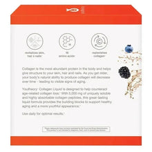 Collagen liquid supplement box back panel with benefit icons and text.