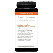 Supplement bottle back label with multiple-benefits text and one formula; black cap.