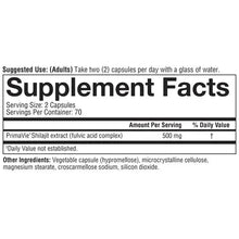 Supplement Facts label with serving size and ingredients for shilajit capsules