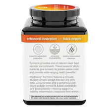 Turmeric supplement bottle back label with enhanced absorption and ingredient description