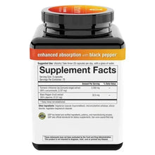 Turmeric supplement bottle back label with “Supplement Facts” table and serving info
