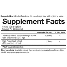 Supplement Facts label for turmeric capsules, serving size and ingredient amounts